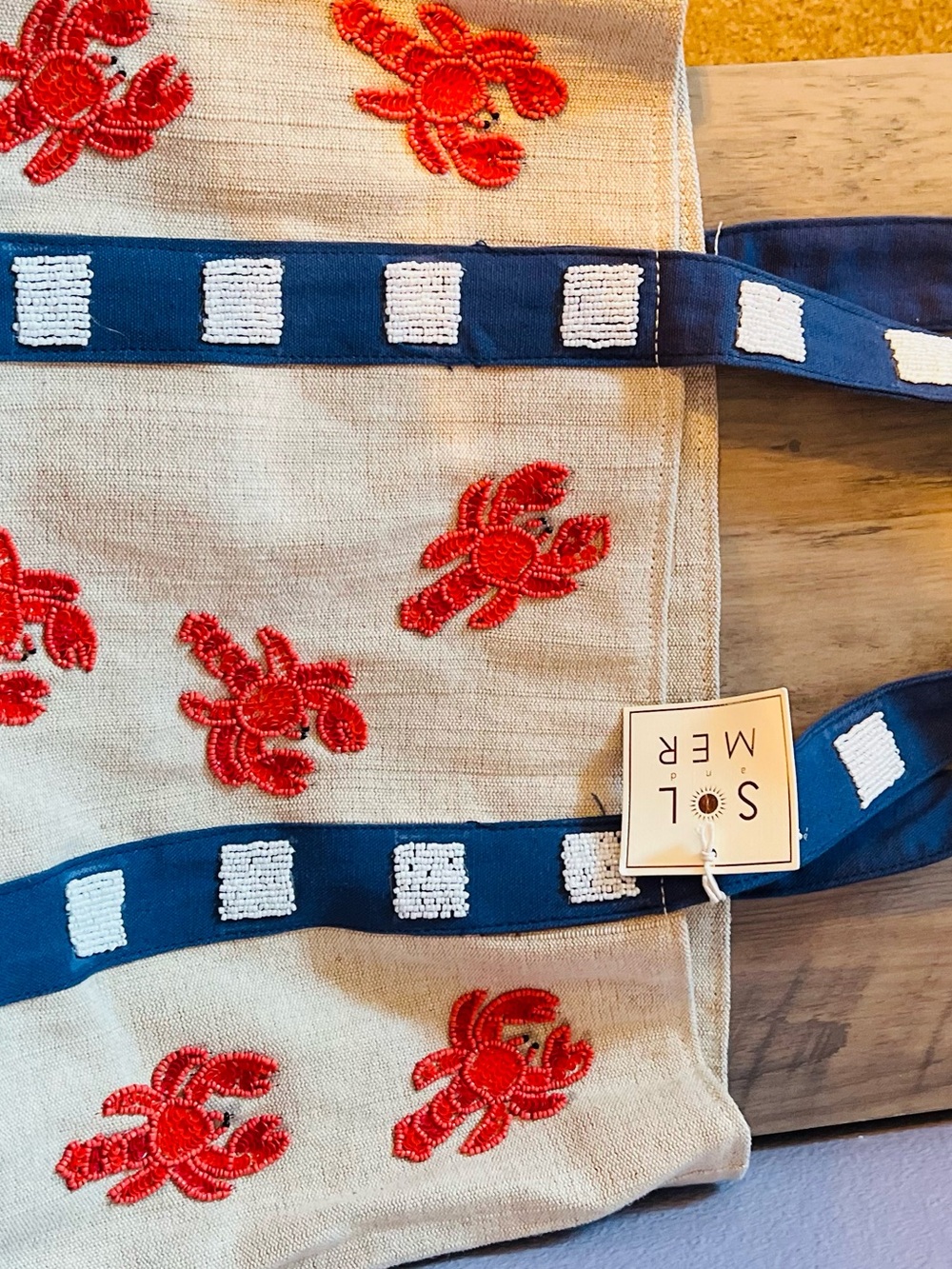 Sol Mer Embroidered Crab Canvas Tote in Beige and Navy
